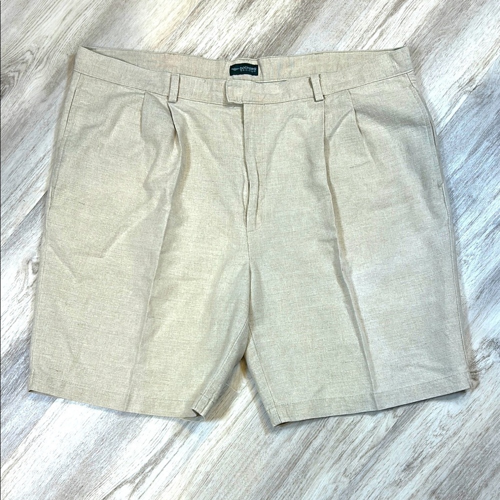 Quiet Luxury Dockers Linen Cotton Blend Tan Pleated Front Pocketed Shorts Sz W44